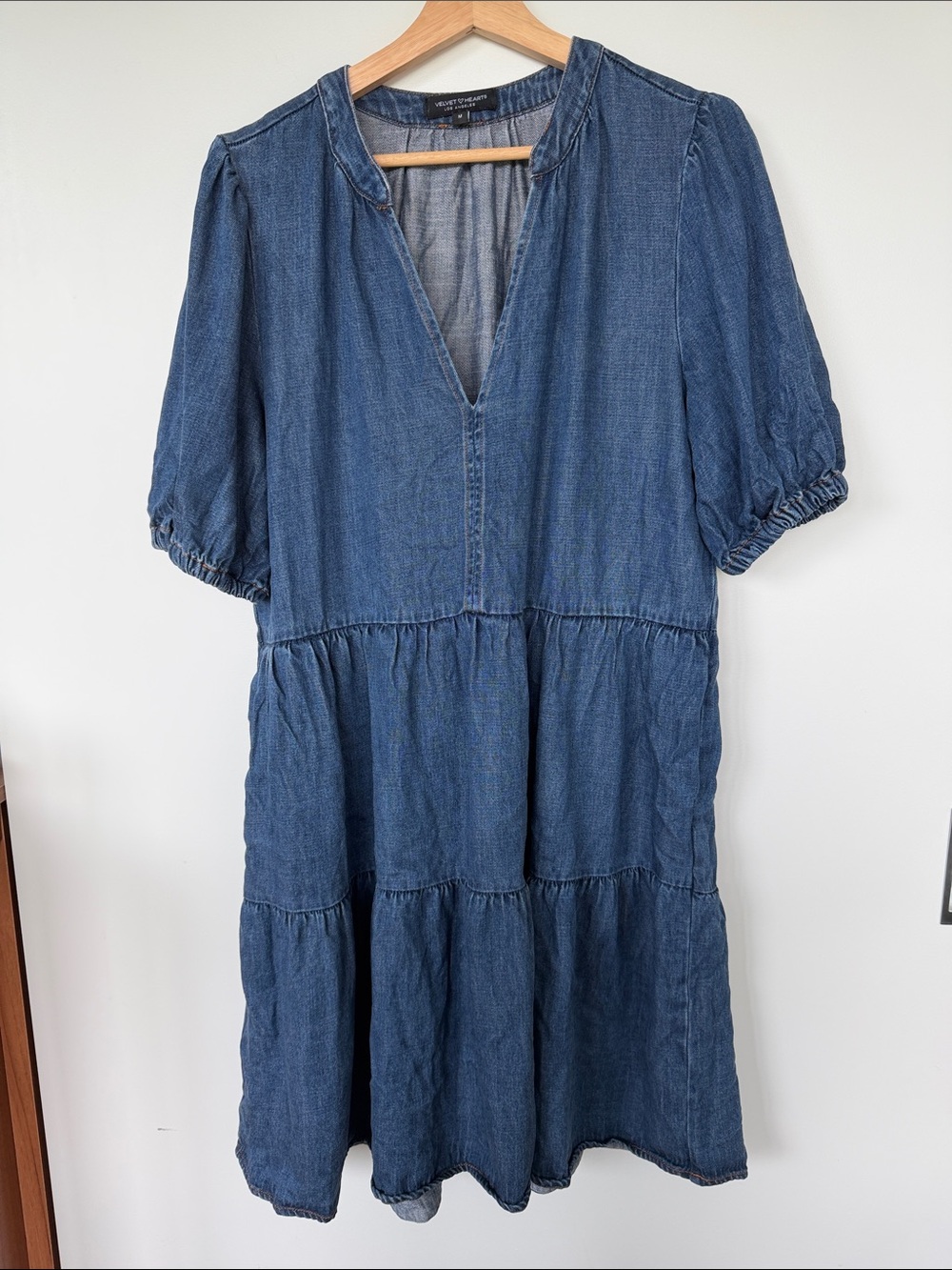 Velvet Heart Indigo Denim Tiered V-Neck Midi Dress